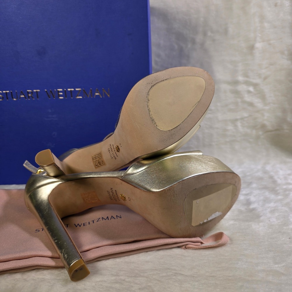 Stuart Weitzman Discoplatform Sandal Gold Metallic Ankle Strap Womens 10 Good - Picture 4 of 9